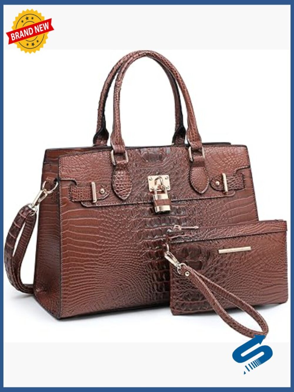 Satchel Tote Handbag with Matching Clutch, Faux Leather